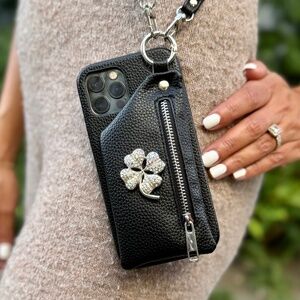 Black Crossbody iPhone Case for 16,15,14,13,12  Pro Max Plus with Wallet Pouch